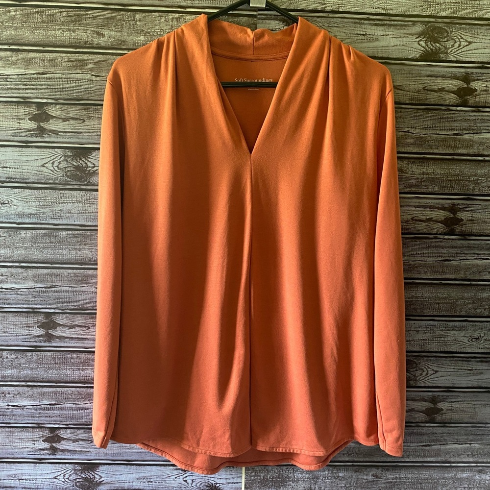 Soft Surroundings Women's Long-Sleeved Top Side M Orange V-Neck Split Layer